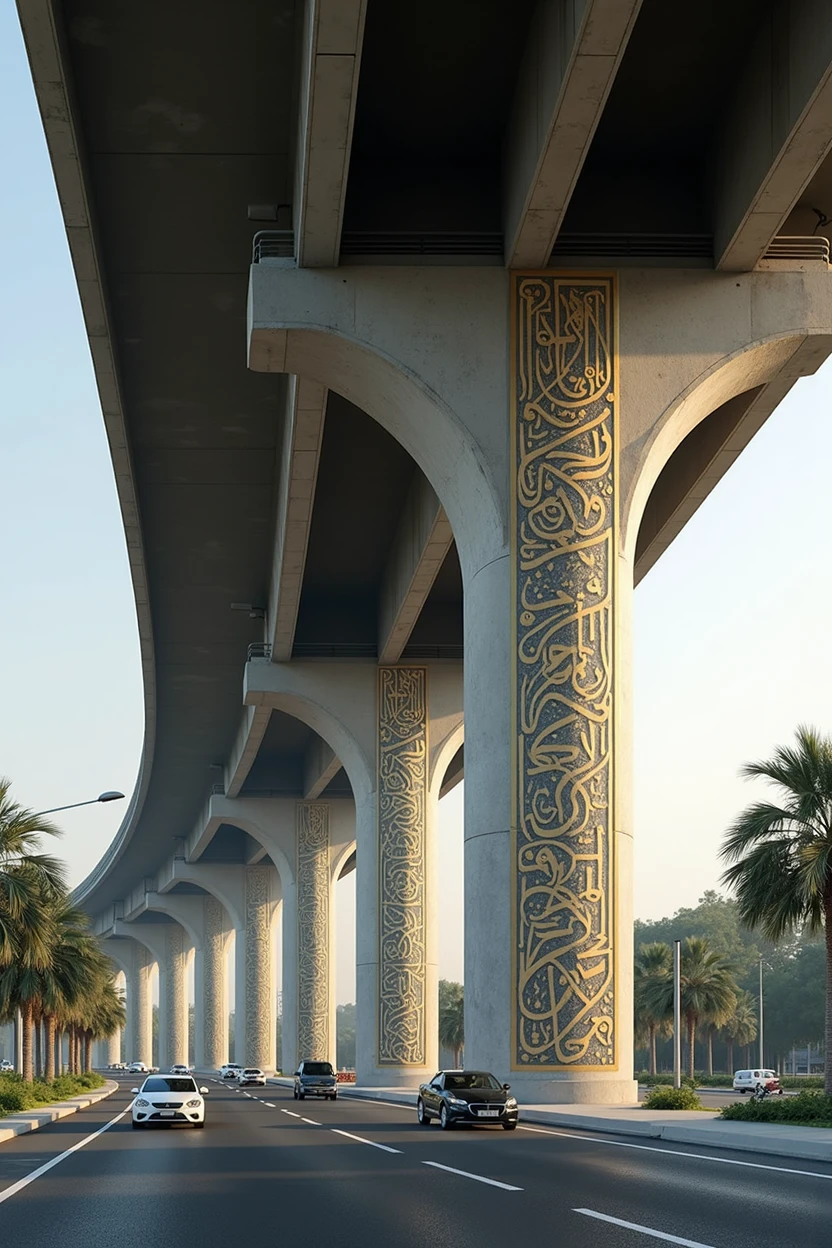 row of flyover pillars with painted by Arabic calligraphy