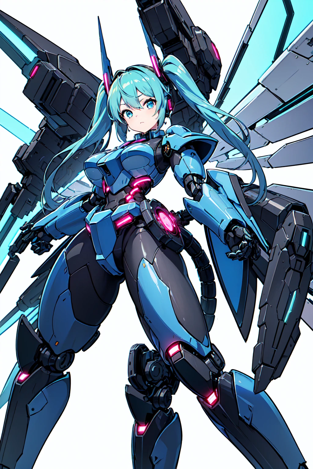 [(White Background:1.5)], (((masterpiece))), (whole body), One girl, ((Cyborg Girl)), alone, Hatsune Miku・VOCALOID、Light blue hair, Twin tails、Long Hair, Blue inner hair, blue eyes, sf, (mecha musume:1.5), ((Attack Type)), Machinery Parts, Orange headgear, Mechanical wings and tail, ((Mechanical Black Heavy Armor)), ((Neon Light Blue)), Anime Style