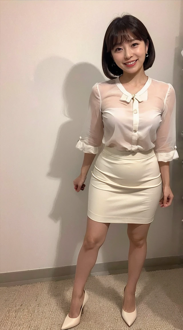 Sharp lines,Highest quality, masterpiece、High quality photos、Canon Photo Crystal Clear ,(Realistically:1.2), (blouse、Beige mini skirt、High heels)、Take a full body photo、Are standing、Sweat, blush, Narrow eyes, Open your mouth,smile、Gorgeous Hairstyle