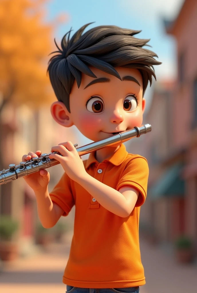 A boy about wearing an orange polo shirt, playing a flute, standing slightly turned to the right. 3D image, Cartoon, detailed face, asymmetrical 16k