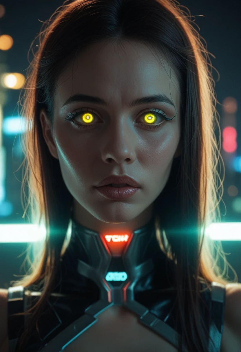 cyberpunk style beautiful woman, highly detailed face, beautiful detailed eyes, beautiful detailed lips, extremely detailed face, longeyelashes, intricate cyberpunk outfit, neon city background, glowing lights, volumetric lighting, cinematic lighting, dramatic shadows, hyper-detailed, 8k, photorealistic, award winning digital art