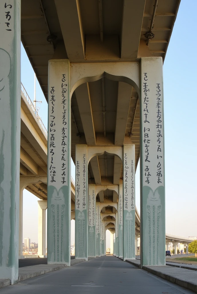 Row of Flyover pillars painted with Arabic calligraphy