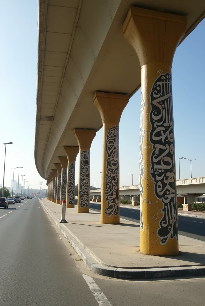 Row of Flyover pillars painted with Arabic calligraphy