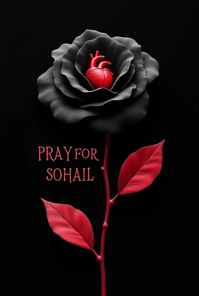 PRAY FOR SOHAIL for A GOOD HEALTH write on BLACK BACKGROUND in large fonts with BLACK ROSE with red leafs and real seek Heart