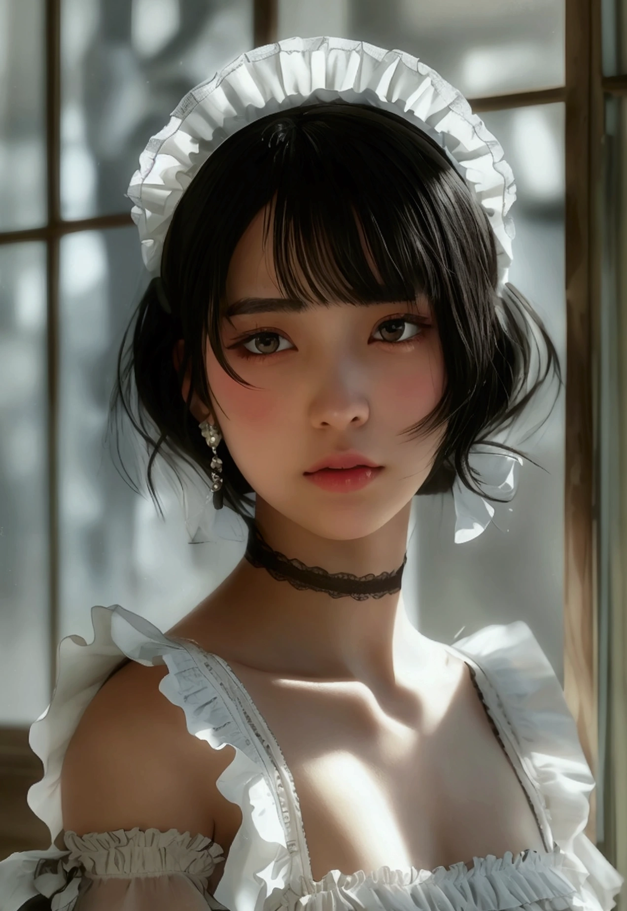 (8k, Photorealistic: 1.2, Raw photo: 1.2, Highest quality: 1.4),Japanese idol-style beautiful girl,model,1 person,18-year-old,(Short Bob),(Black Hair :1.1),She has her hair tucked behind her ears,Headband,Clear grey eyes,Long eyelashes,(piercings(small)),(Lip gloss),thin long neck,(Maid clothes(Frills,Puffy long skirt)),(layer),Western-style building terrace,Large window glass background,Preparing tea,Full body portrait