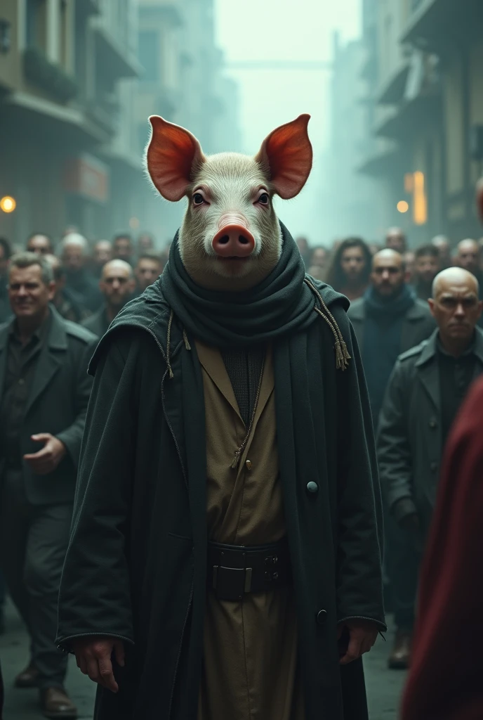 a man with a pigs head leading a crowd of people