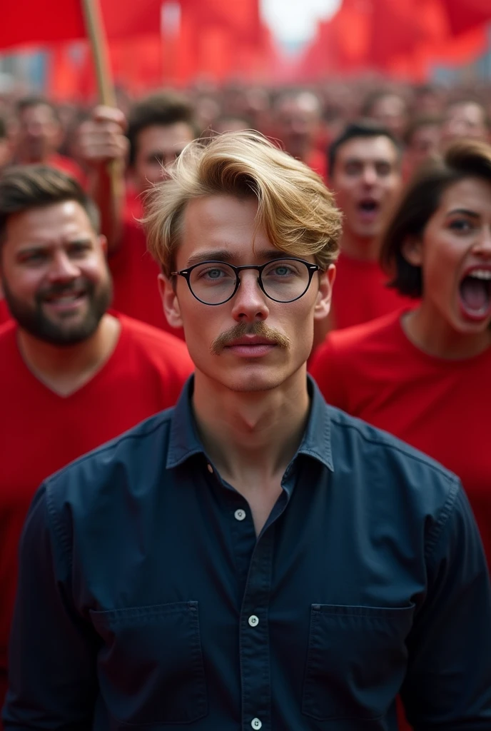 Young blond man with mustache and round glasses wearing long dark blue dress shirt, with several people behind wearing red clothes and shouting