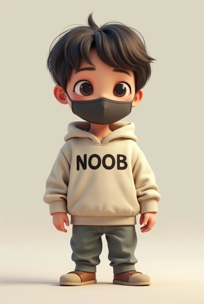 Make a doll-like masculine character who wears a sweatshirt with the word NOOB written on it and wears a mask 