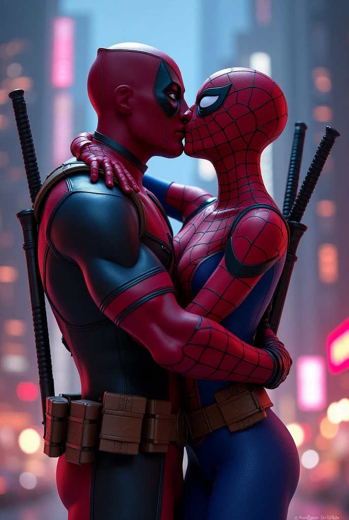 Deadpool and Spider-Man kissing