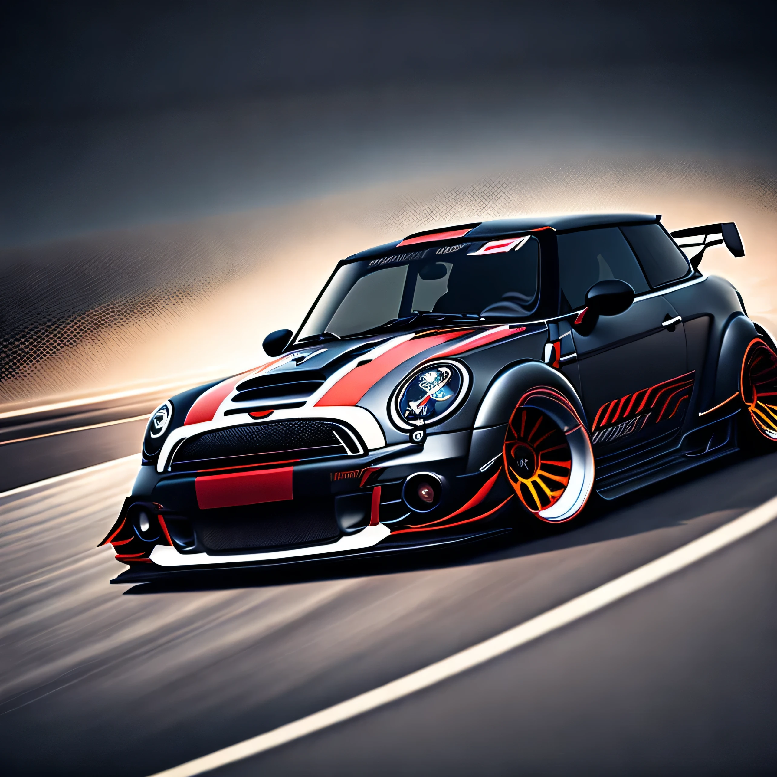circle t-shirt graphic design, rear profile F56 Mini Cooper S matte grey and black roof and black bonnet stripes colour scheme, ((carbon fibre, Liberty walk ultra wide body kit)), aggressive stance ((background: racetrack, outside old industrial style building, large windows in background, bright sky, heavy industrial look, 8K quality, realistic, realism, sharp, detailed, ultrawide, ,epic ultra wide body kit, super low stance, aggressive looks , vector image