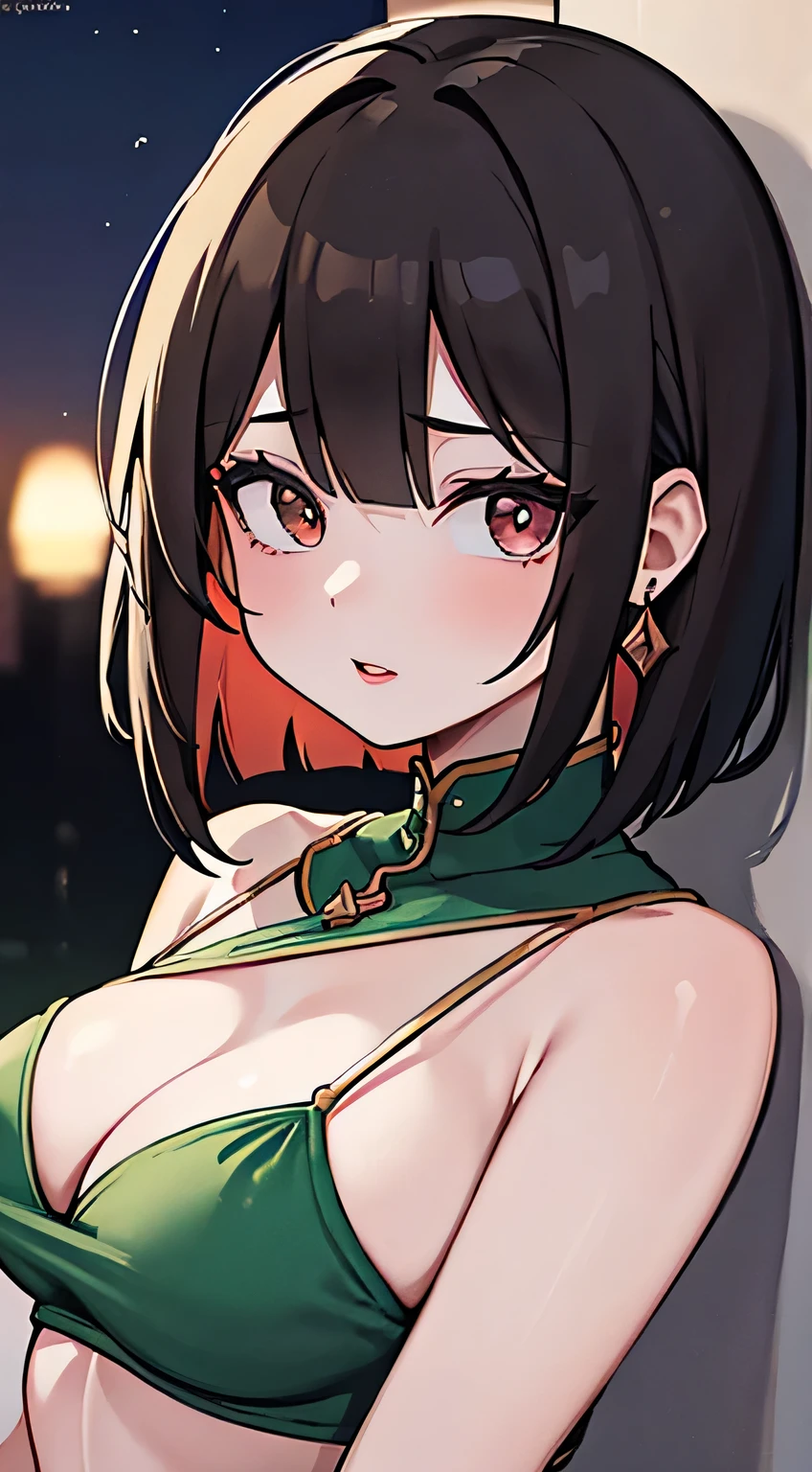 Amazing portrait of a woman who is 30 years old and an and a sexy n with short hair in a bob style wearing a green saree during night time with soft lighting showcasing her red lips and her beautiful face in detail and close up