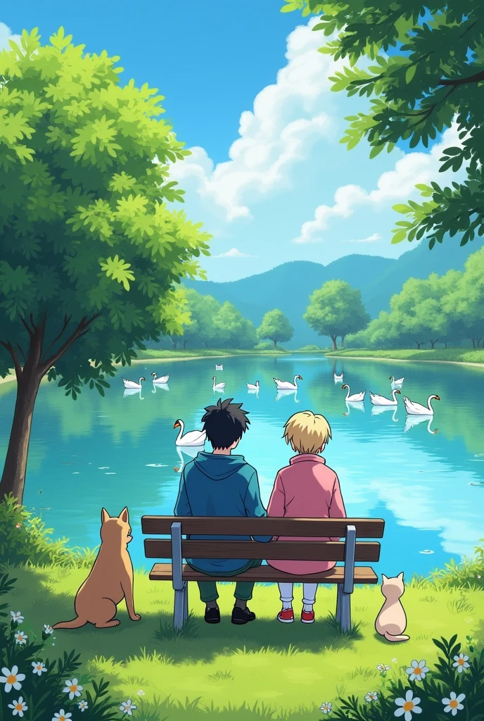 A beautiful field with a beautiful lake where swans are swimming and a bench in the center where two 16 year old boys are holding hands and sitting the taller boy on the left has fair skin black hair he is wearing a blue sweatshirt dark green pants and black shoes the boy next to him wants to be a little shorter he has blond hair fair skin he is wearing a pink coat with white pants and red shoes next to them there is a dog and a cat who are also watching the lake there is a beautiful tree near the bench on the left side and flowers in the grass it is a beautiful sunny day and the image has to be in anime