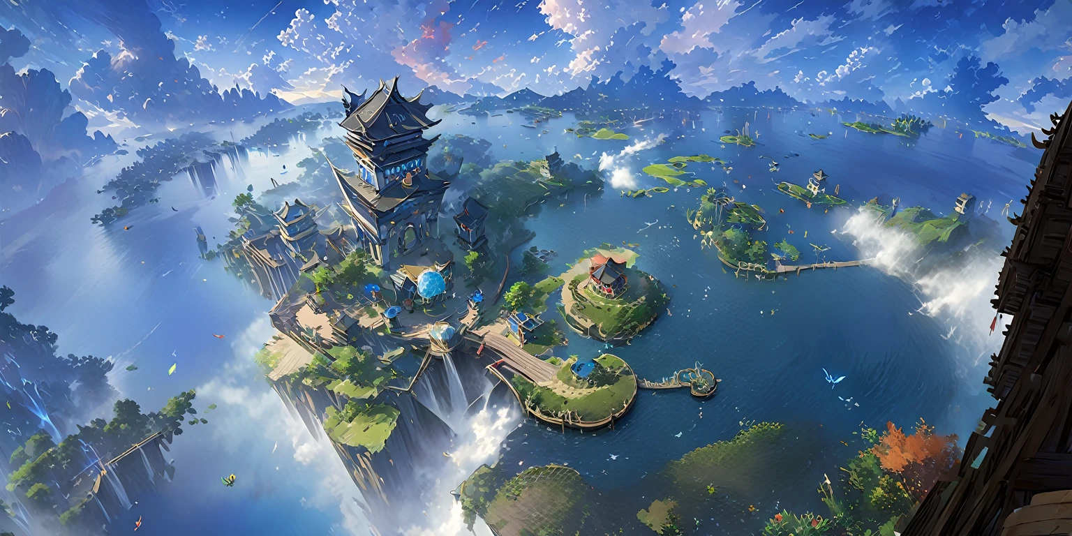 There is a Chinese-style building in the middle of a small island, Game concept art, Final Fantasy Vll World Concept, 2. 5D CGI anime fantasy artwork, Concept World Art, Beautiful concept art, dota matte concept art, Concept Art Wallpaper 4K, conceptartworld, Matte Mystery Dota Pixar, Fantasy concept art, League of Legends concept art ,Ultra-high resolution (Fidelity: 1.4), Ultra-high quality, Extremely detailed CG unity 8k wallpaper, aesthetics, Award-winning photography, True high detail, Detail improvements, Remove blur, complex, The art of travel. Visually stunning. Beautiful city pixels, Blue Hour Photography, Spectacular clouds, Fantasy Clouds.