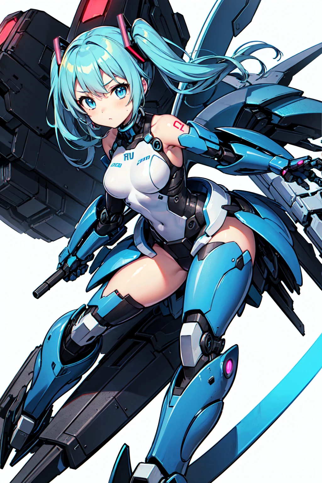 [(White Background:1.5)], (((masterpiece))), (whole body), One girl, ((Cyborg Girl)), alone, Hatsune Miku・VOCALOID、Light blue hair, Twin tails、Long Hair, Blue inner hair, blue eyes, sf, (mecha musume:1.5), ((Attack Type)), High heels、Machinery Parts, Orange headgear, Mechanical wings and tail, ((Mechanical Black Heavy Armor)), ((Neon Light Blue)), Anime Style