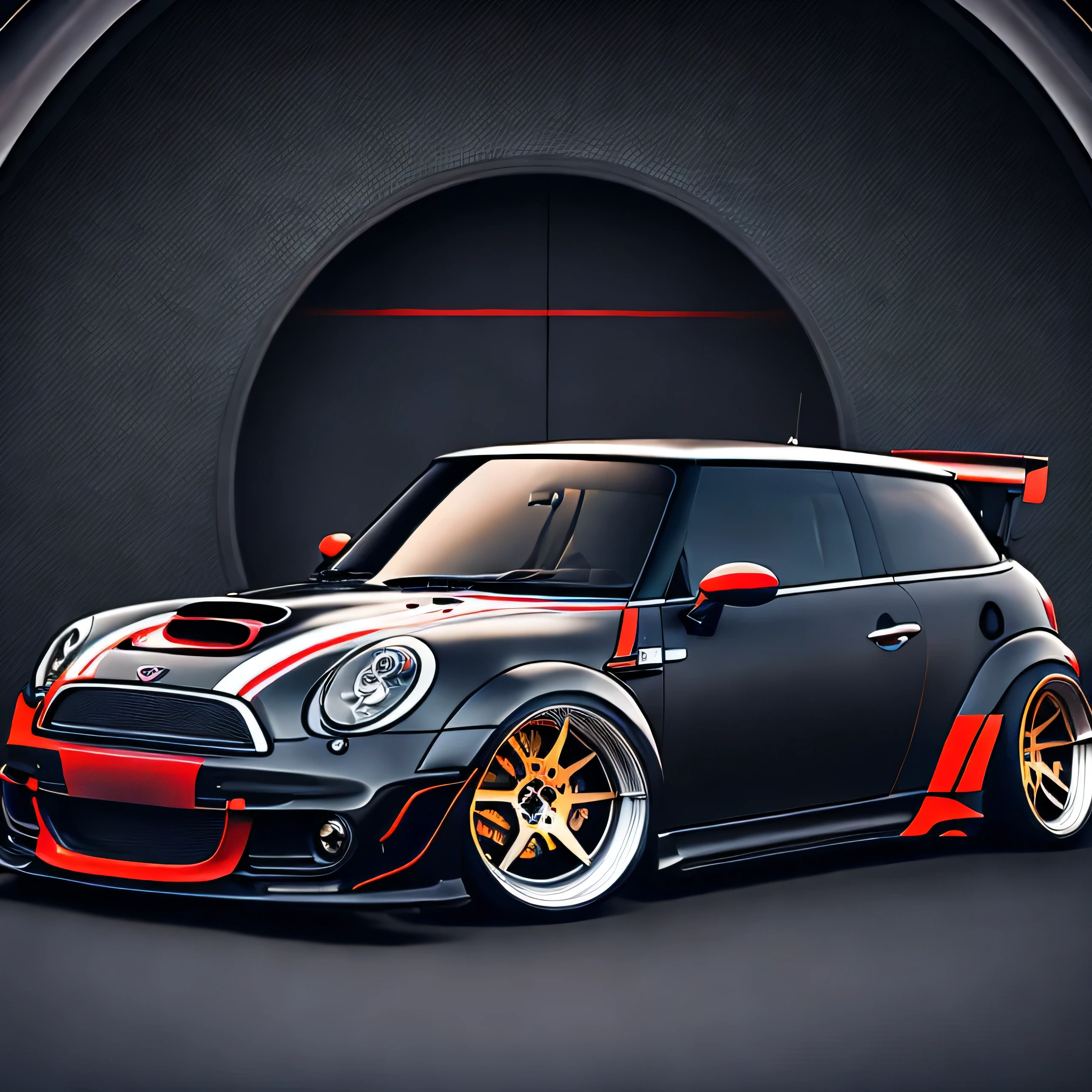 circle t-shirt graphic design, rear profile F56 Mini Cooper S matte grey and black roof and black bonnet stripes colour scheme, ((carbon fibre, Liberty walk ultra wide body kit)), aggressive stance ((background: racetrack, outside old industrial style building, large windows in background, bright sky, heavy industrial look, 8K quality, realistic, realism, sharp, detailed, ultrawide, ,epic ultra wide body kit, super low stance, aggressive looks , vector image