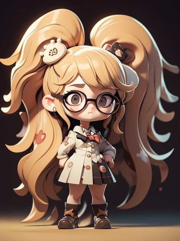 in the art style of persona5, (((junkodg))), ((chibi)), big head, focus face, flat avatar, (masterpiece:1.2, highest quality), (Realistic, photoRealistic:1.4), Beautiful illustrations, (Natural Side Lighting, Cinema Lighting), Written boundary depth, Beautiful thighs staring at the viewer, 1 female, 20-year-old, alone, thin, slender, (small breasts), long Hair, Curly Hair, Forehead, Forehead, Forehead, Forehead, thin, slender, (glasses), Are standing
