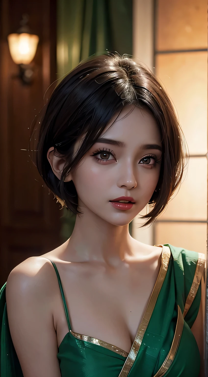Amazing portrait of a woman who is 30 years old and an adult and a sexy woman with short hair in a bob style wearing a green saree during night time with soft lighting showcasing her red lips and her beautiful face in detail and close up