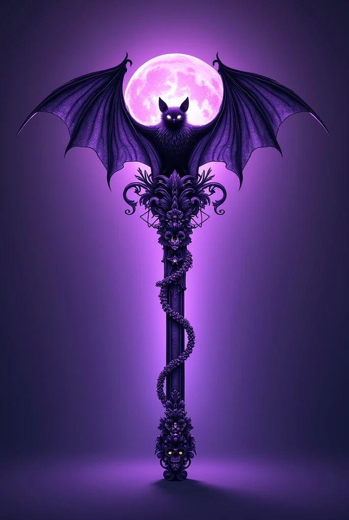 a Lightstick of a K-pop group named : LUCiD :
a small bat draw in the center on a lilac background, thick stick, details with glitter, bats, stars and small skulls. Only PURPLE, WHITE AND BLACK are allowed colors.