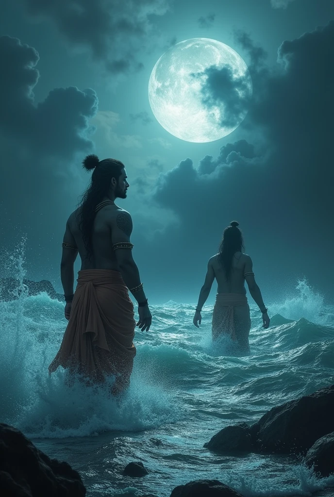 God of sea and krishna stalking near a sea. make a darker background with impressive lighting