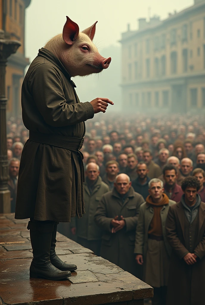a man with a pigs head speaking in front of a crowd of people
