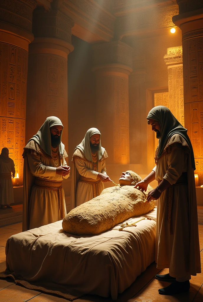 Process of mummification by the egyptian inside of pyramid.