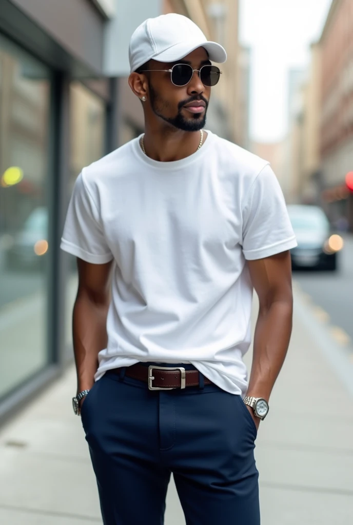 WhiteCAP帽子,WhiteTshirt,Navy blue trousers