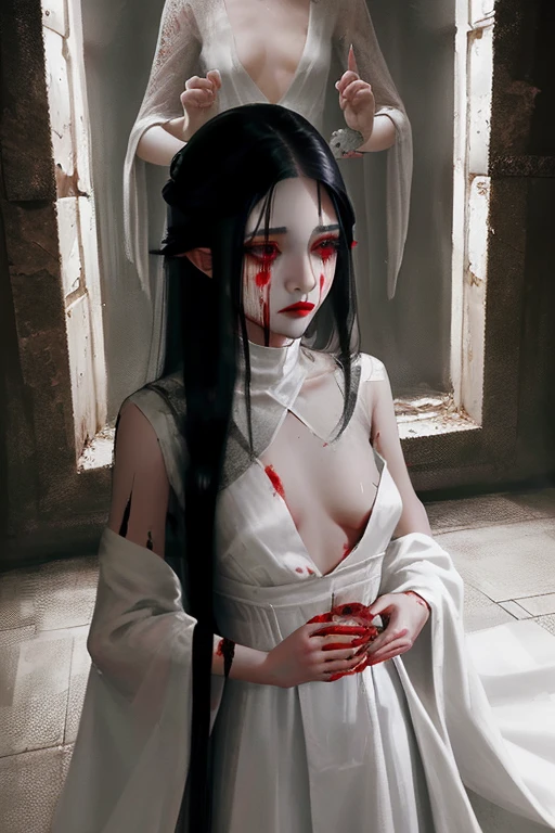 Yandere girl bleeding from the eyes, Detailed eyes and face, Long eyelashes, Intensely anxious expression, Long flowing black hair, Wearing a white dress, Standing in a dimly lit room. Moderate: Dark Horror Art. Further details: Sharp focus, Spooky atmosphere, Blood splatters on the walls, There&#39;s a knife in her hand. Highest quality, Very detailed, Realistic rendering. tone: Dark and gloomy. Lighting: Dramatic shadows and dim lighting, create an ominous atmosphere.