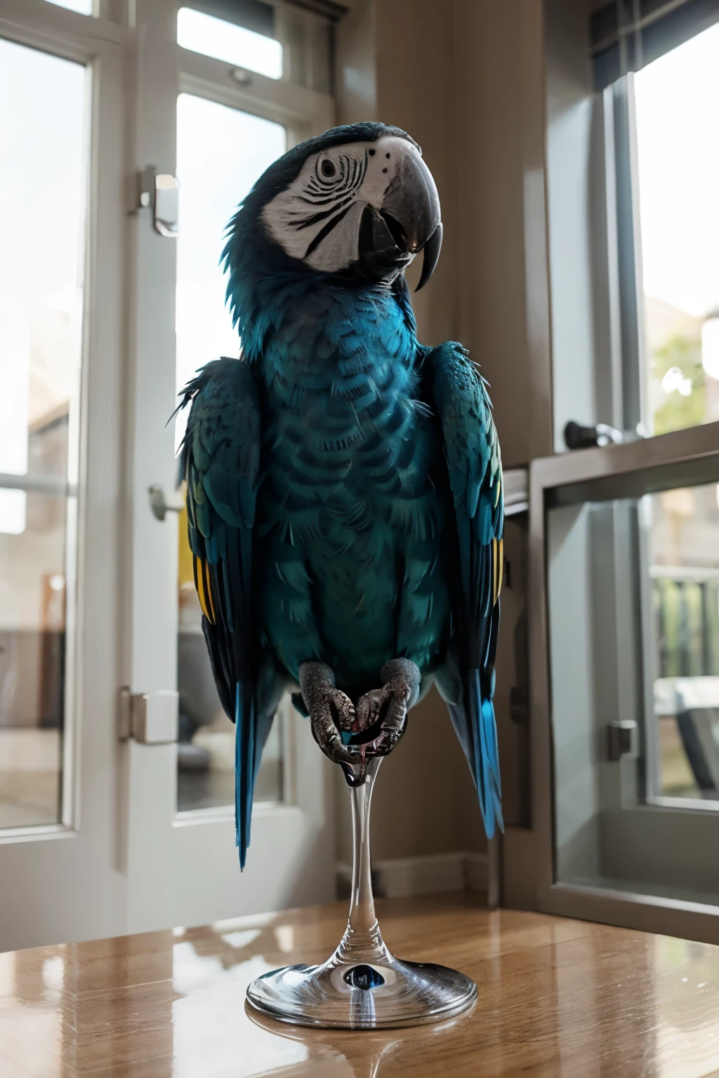 a parrot insiade a shinig glass blue colour