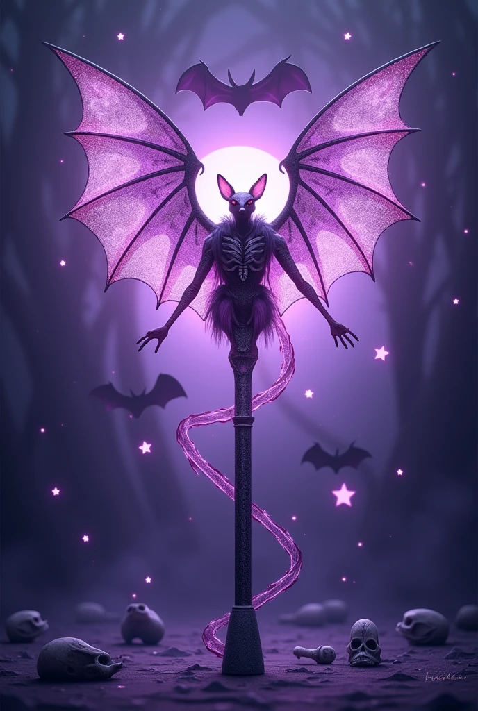 a Lightstick of a K-pop group named : LUCiD :
a small bat draw in the center on a lilac background, thick stick, details with glitter, bats, stars and small skulls. Only PURPLE, WHITE AND BLACK are allowed colors.