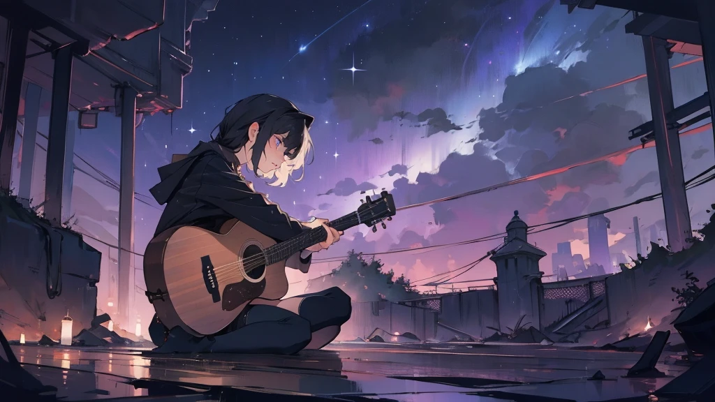 masterpiece,night,(dark alley),star、Night Sky、milky way、octone、
(1. Female), (solo), Knee hugging sitting,acousticguitar