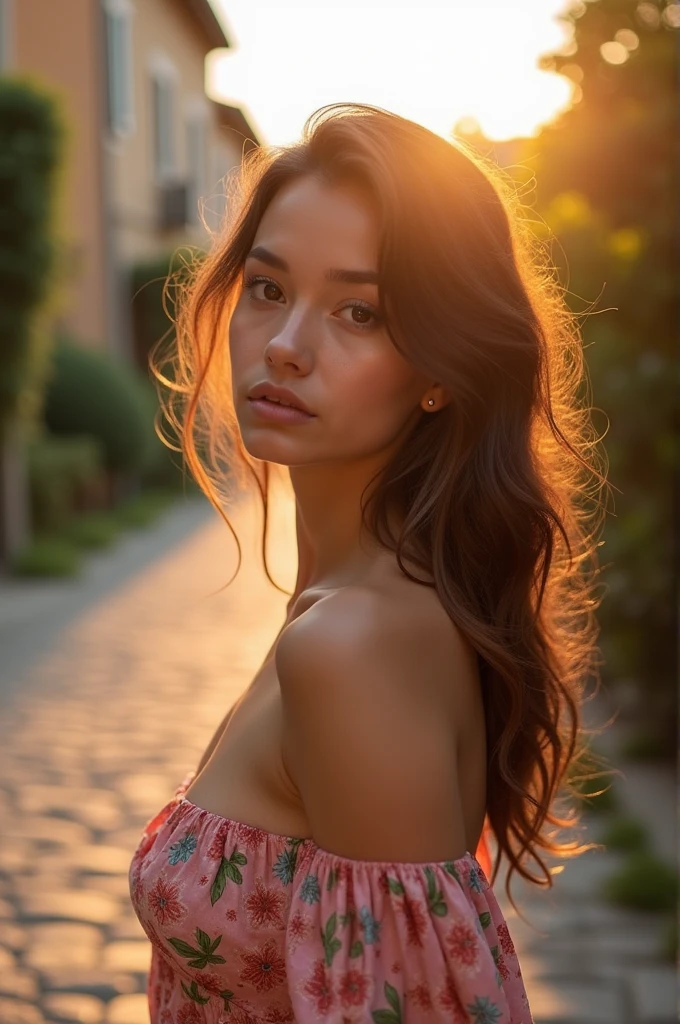 Julia 20 ans, Fine mais pas maigre, cheveux longs et bruns, se tient debout, douce et naturelle, regardant le spectateur. elle se trouve sur une ruelle pavée dans un village italien fleuri, au soleil couchant. elle porte une robe a fleur avec un leger decolleté