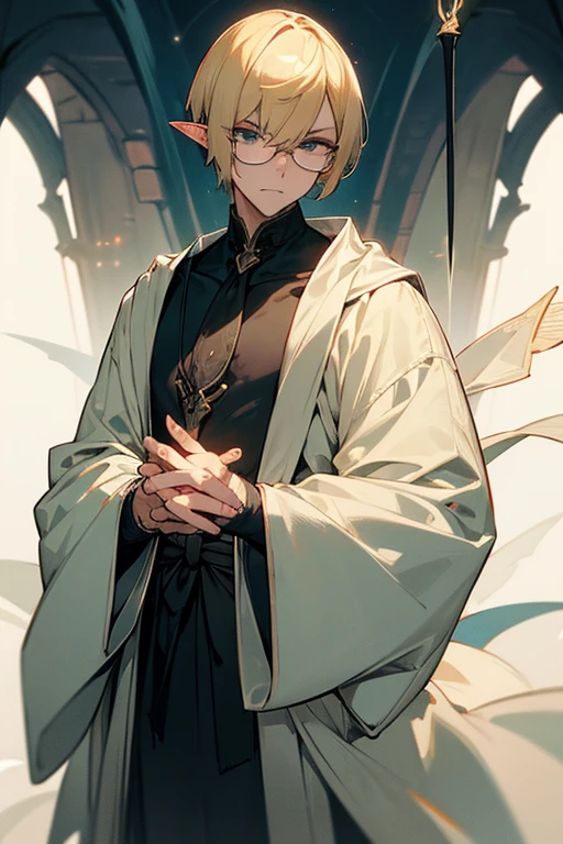 male、male性、Short Hair、Blonde、Straight Bob、adult、perfection、大柄のmale、Stocky build、Elf、Magic Mentor、Magic Wand、Glasses、Delicate Robe、Slender、stylish、Clumsy Hands、Bony hands、Elegant、Pride、Sharp Eye、Disgust、Severe、Irritation、Colorful、High Contrast