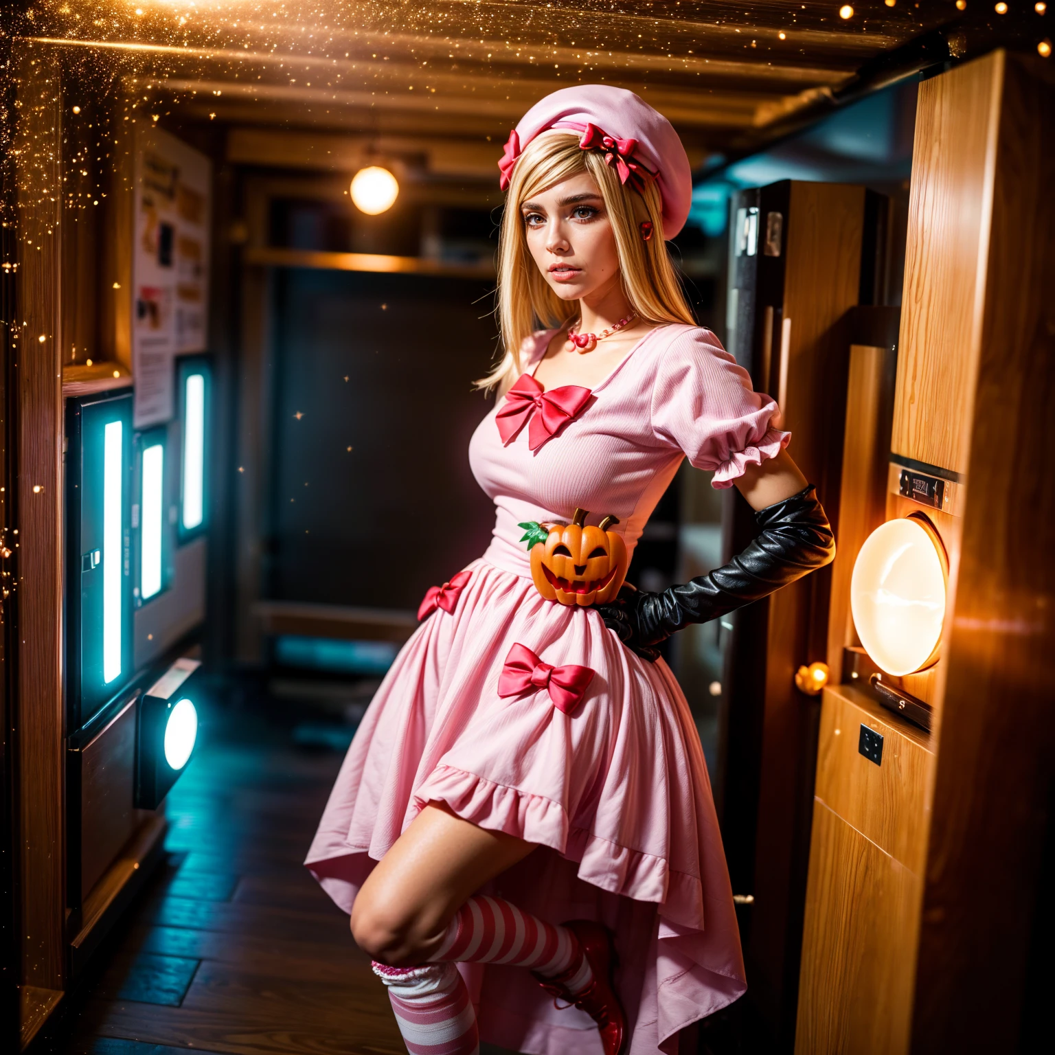 (1 lady), The beautiful, (Best quality at best:1.4), (ultra - detailed), (extremely detailed CG unified 16k), gold blonde hair, very detailed, High-definition RAW color photo, professional photoshooting, amazing face and eyes, cosmetics, (amazingly beautiful girl), ((lambdadelta, taller, tall woman)), ((dress, shoes bow, red shoes, striped stockings, red bow, pink hat, necklace, gloves, pearl, pumpkin brooch, pink dress)), levitating in a cute posture (floating in the air), (She's levitating in a cosmic sea, outer space:1.3, quantum hyperspace room lacking walls, hyperspace chamber, extremely detailed background, a lot of details background, realistic outer space background with stars quasars and cosmic bodies, brighter background), (look from above), realistic cinematic face, head to feet long wide zoomed out view, full body long view, photorealistic, ((realistic natural blonde hair style, red eyes)), gorgeous, extremely beautiful face, perfect model beauty, pout mouth, Highly Detailed Face and Skin Texture, Detailed Eyes, Double Eyelids, Small Breasts, Persistent Stare, Faith Trance, (mystical stare, looking eternity), (masterpiece), best quality, high resolution, depth of field, cinematic lighting, amazing legs, pink combat boots, clear and well-cared skin