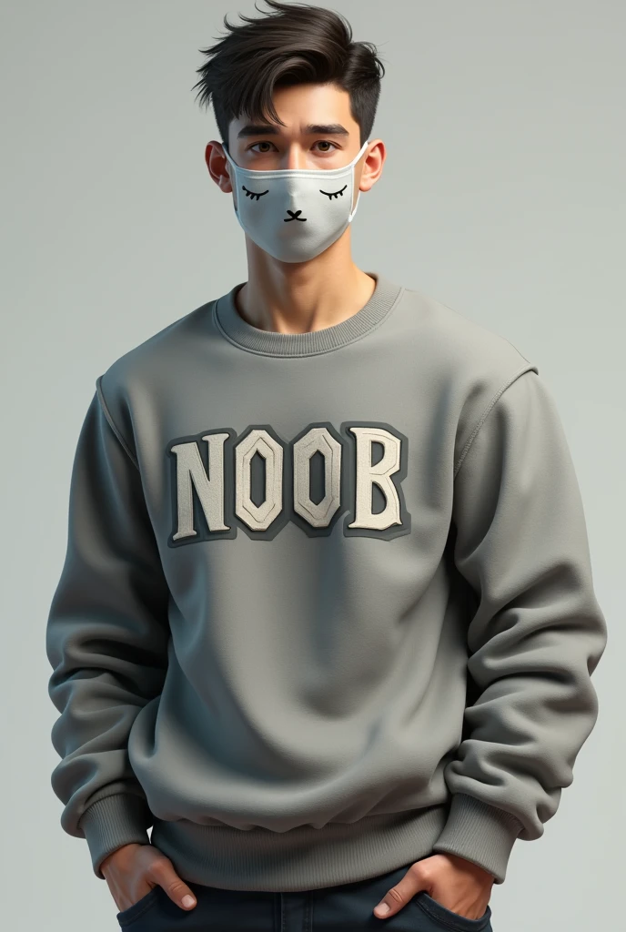 Make a masculine character who wears a sweatshirt that says NOOB and wears a personalized mask with sleepy eyes