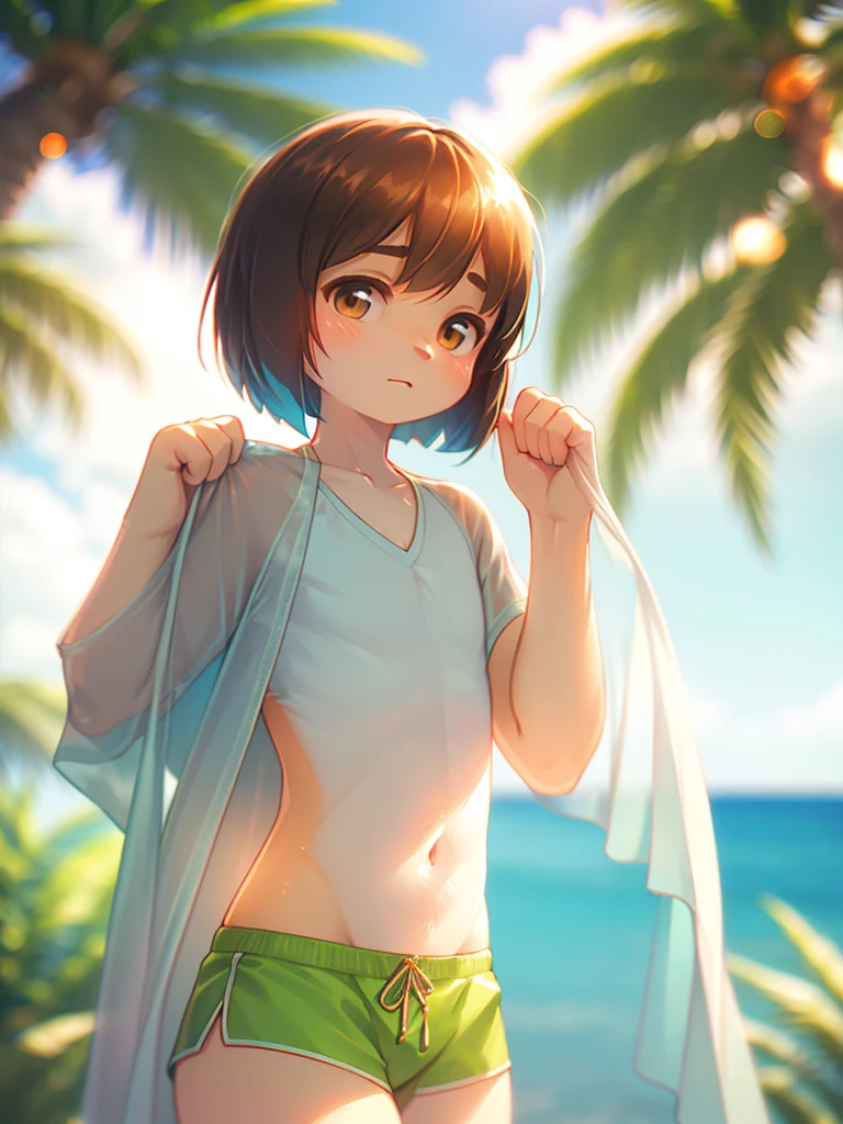 (Sumilux f1.4 50mm , low Latitude old color negative film , cross process , (bokeh), flare, chromatic aberration , soft focus, (Shallow focus) , soft glow , Maximum aperture, high Key , Transparent depiction , Tyndall) , flat chest , skinny girl , Men's trunks-type swimwear , bob cut