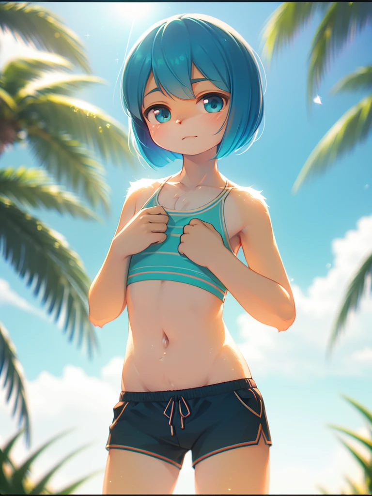 (Sumilux f1.4 50mm , low Latitude old color negative film , cross process , (bokeh), flare, chromatic aberration , soft focus, (Shallow focus) , soft glow , Maximum aperture, high Key , Transparent depiction , Tyndall)  , flat chest , skinny girl , Men's trunks-type swimwear , bob cut