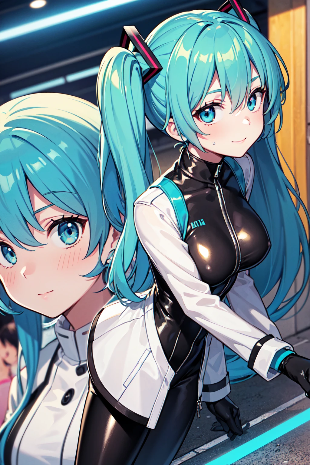 (masterpiece, Highest quality), Backlight, Lens flare, Wide Shot, Fisheye Lens , (Face Focus, Written boundary depth, close: 1.5), Super Detail, shape, colorful, (Fault Color: 1.3), (Immidshot: 1.3), video, Wide-angle, Upper Body, miku hatsune, Big Breasts, Spotless, Dark green hair, Twin tails, Very long hair, Place your arms behind your back, blue eyes, Glowing Eyes, Relaxed face, Eyebrow, Shiny Hair, Glowing Skin, A light smile, racing Miku, Black bodysuit, Cropped jacket, White jacket, Long sleeve, Two-tone gloves, Thigh-high boots, bright, Beautifully detailed skies, city, street,