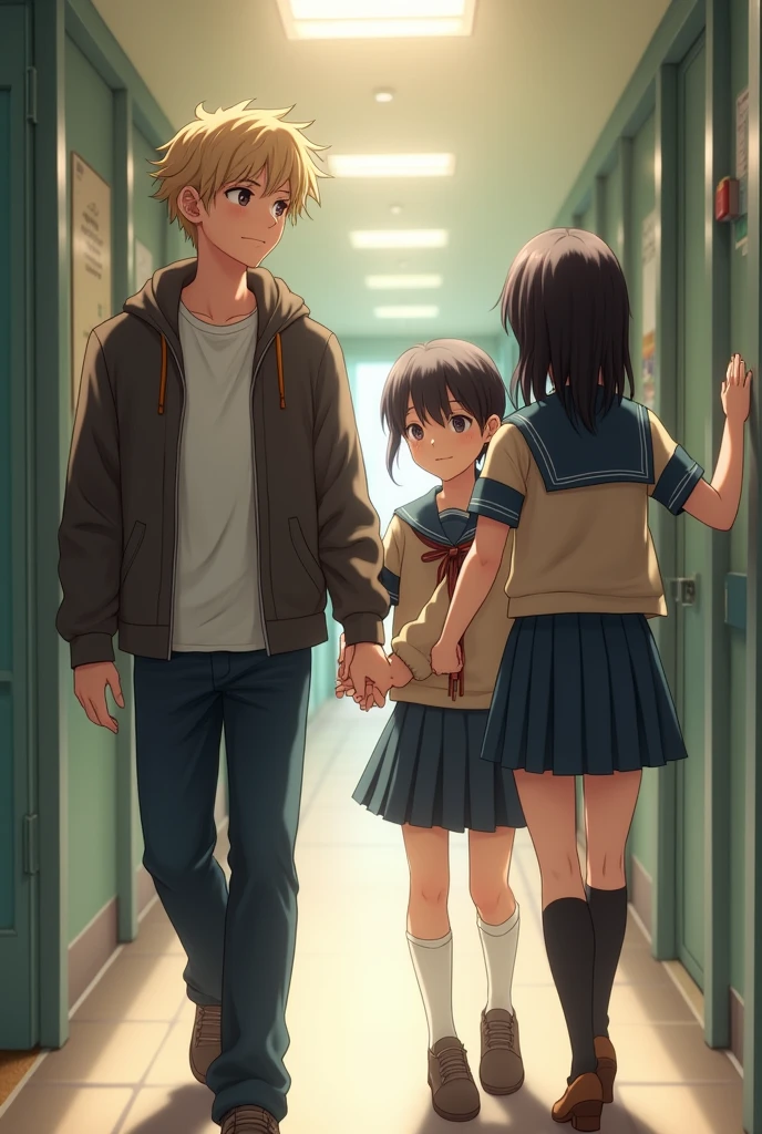 In the corridors of a school a 17-year-old boy, Brown, almost blonde, wavy hair goes hand in hand with a girl with black, straight hair, The boy looks to the left but the girl looks back holding the hand of another girl with dark brown hair., All three are wearing school uniforms , They are both holding hands but the girl grabs the other's hand from behind