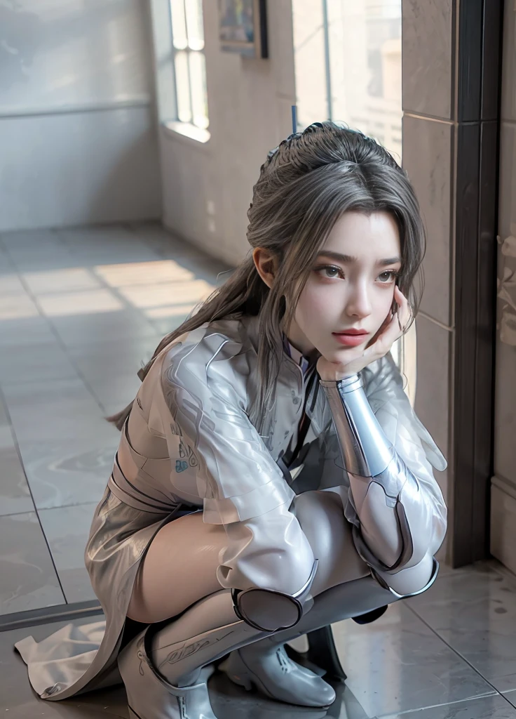 masterpiece,Game Art,Best picture quality,Maximum resolution,8k,(Upper Body),Unreal Engine 5 rendering works,(Digital Photography),(The girl looks at you lovingly,The smile is beautiful),Short hair details,(The eyes are very delicate),(With long gray hair:1.4),(Perfect body),(Bright dress,Black high heels,White cotton socks),(background:classroom),light,night,Ray Tracing,RAW photos,((3D Unreal Engine)),OC rendering reflection mode