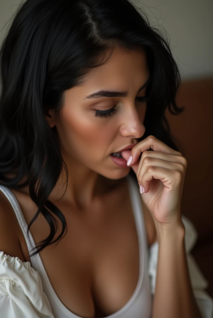 A black haired mother sucking her own cock