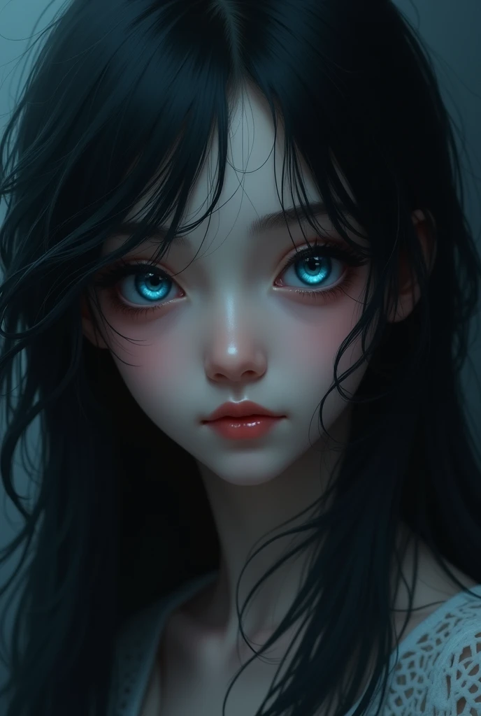 A girl with black hair and deep blue eyes