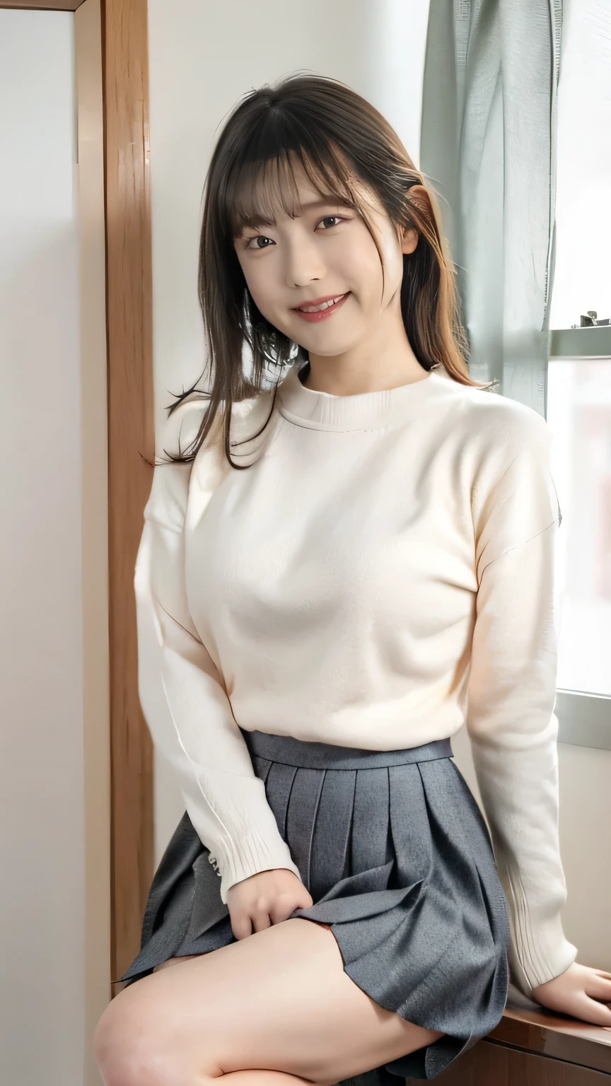 (((Japanese 、Cute girl in her early 20s、office、Close-fitting summer knitwear、Large Breasts、Pleated skirt、smile、Laughter、)))、(((Top-down configuration:1.33)))、(((8k、Highest quality、masterpiece、Ultra-high resolution)))、(Realistic:1.4)、RAW Photos、(Realistic skin texture:1.3)、(Film Grain:1.3)、((No underwear、Bend one leg))、One Girl、Beautiful and detailed eyes and face、