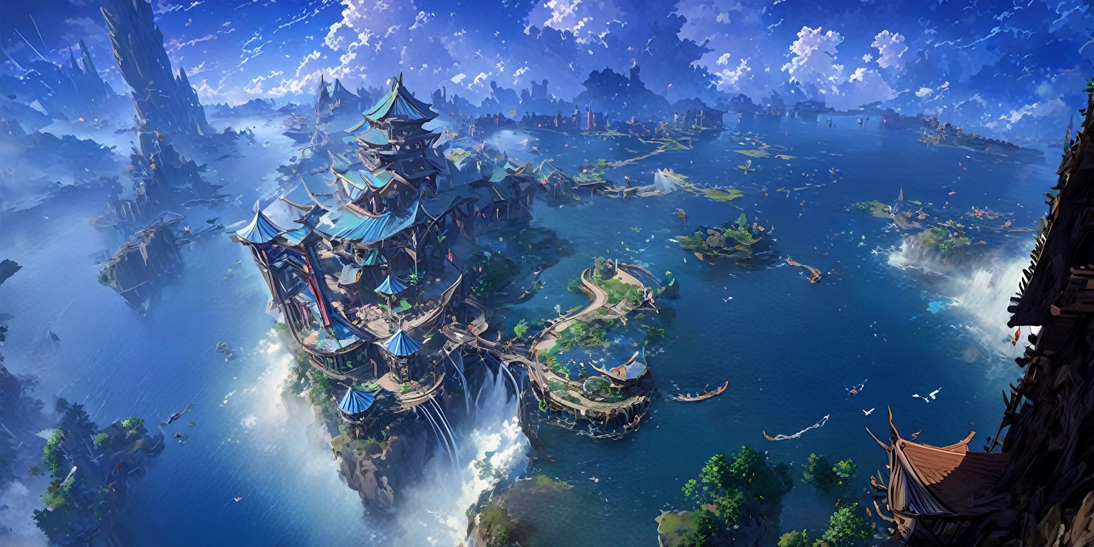 There is a Chinese-style building in the middle of a small island, Game concept art, Final Fantasy Vll World Concept, 2. 5D CGI anime fantasy artwork, Concept World Art, Beautiful concept art, dota matte concept art, Concept Art Wallpaper 4K, conceptartworld, Matte Mystery Dota Pixar, Fantasy concept art, League of Legends concept art ,Ultra-high resolution (Fidelity: 1.4), Ultra-high quality, Extremely detailed CG unity 8k wallpaper, aesthetics, Award-winning photography, True high detail, Detail improvements, Remove blur, complex, The art of travel. Visually stunning. Beautiful city pixels, Blue Hour Photography, Spectacular clouds, Fantasy Clouds.