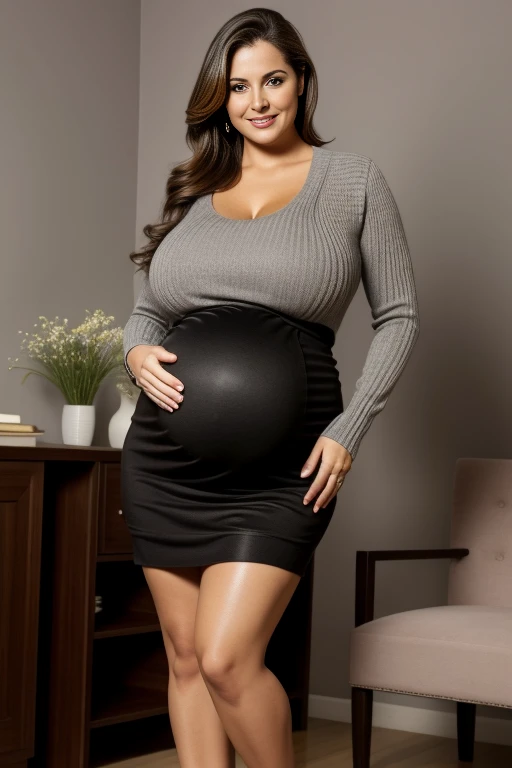 fine art portrait of a very pregnant 45yo European teacher, voluptuous, curvy hourglass figure, highest quality, sexy face high resolution, Eleonora Pavinat 45yo old, sexy knitted sweater, sexy skirt, very long leather skirt, high heels, woman with huge breasts:1.5, curvy hourglass figure, huge protruding pregnant belly, walking through the crowded classroom, extremely erotic lady
