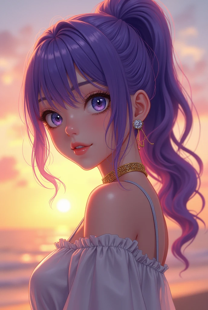 girl, ponytail, purple hair, blue eyes!!!, color contact lenses, crystal earrings, heavy breathing, modern, Realism, UHD, masterpiece, super detail, gold small neckless, full body, sunset, legs, white nails, no bones, ultra realistic, makeup, shiny hair, light smile, standing, looking at camera
