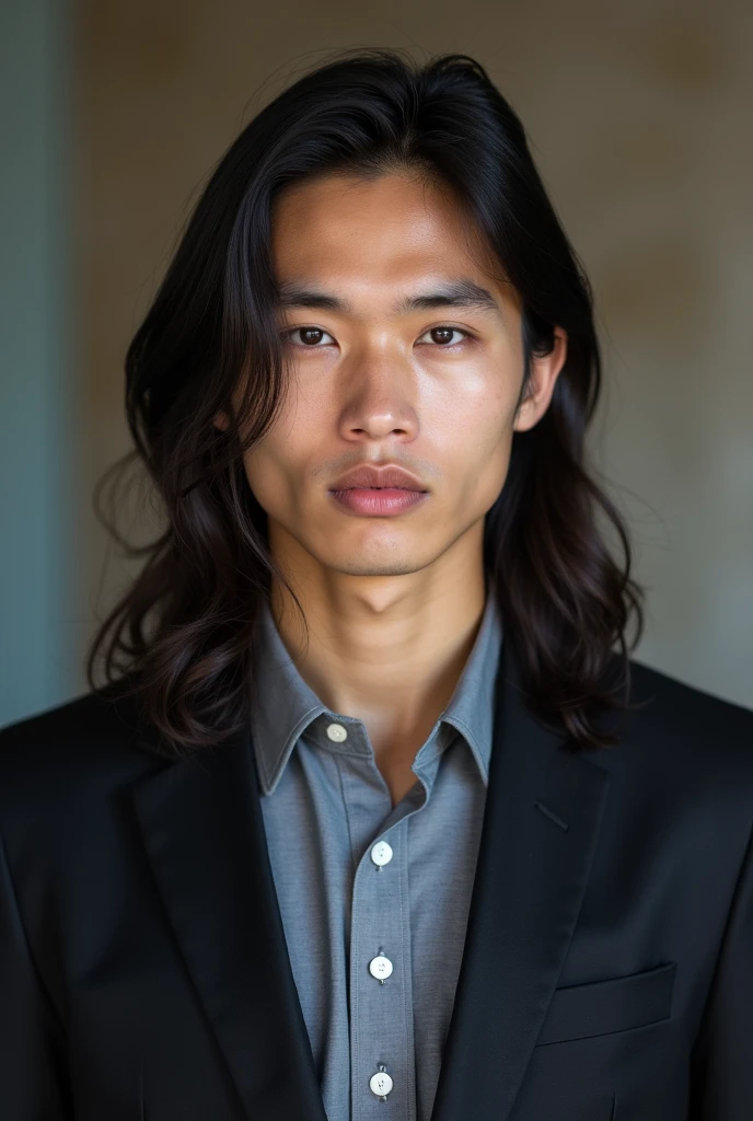 Thai adult male long hair have bread seriously face wear polo shirt and suit don’t look at camera