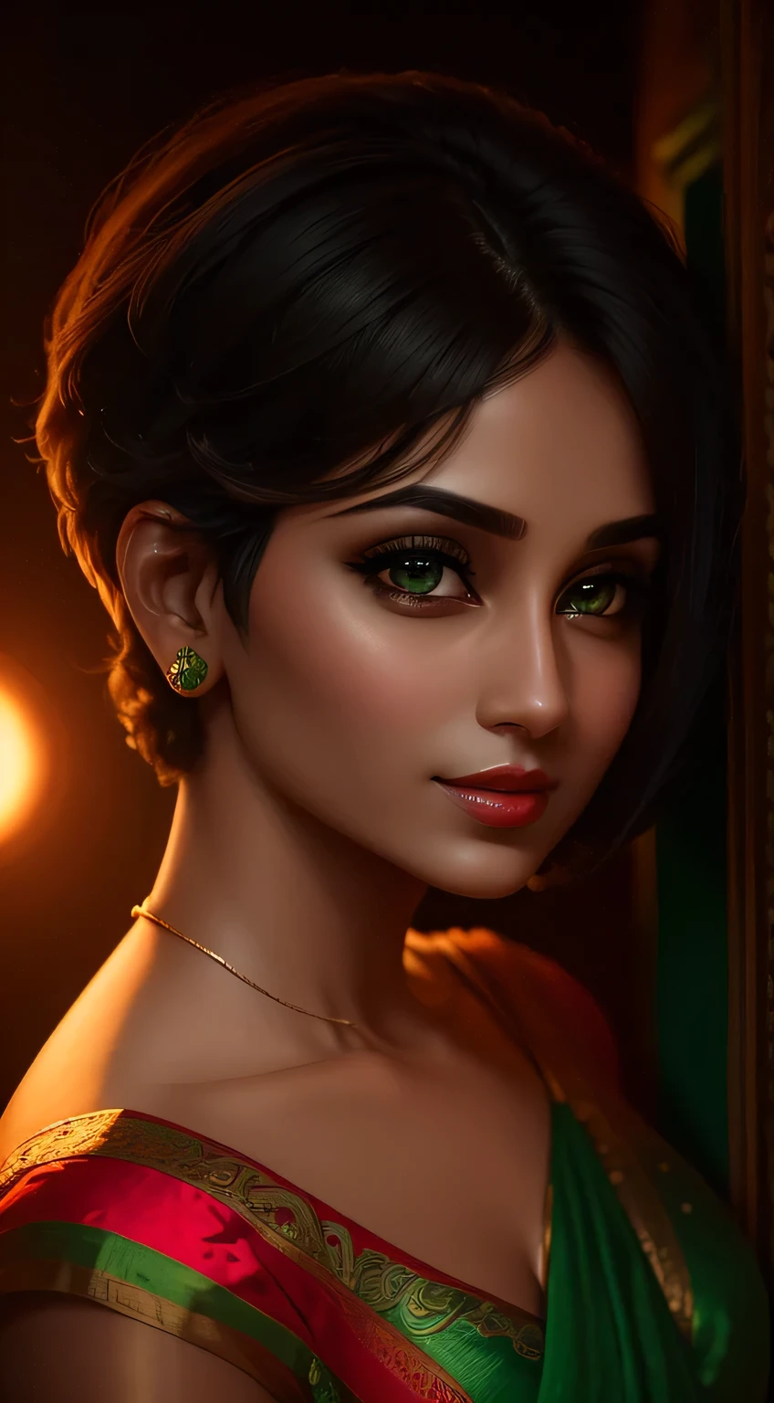 Amazing portrait of a woman who is 30 years old and an adult and a sexy woman with short hair in a bob style wearing a green saree during night time with soft lighting showcasing her red lips and her beautiful face in detail and close up 