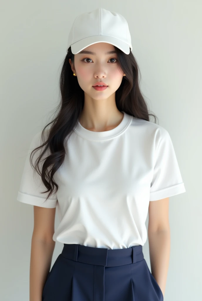 WhiteCAP帽子,WhiteTshirt,Navy blue trousers,Beautiful women,Japanese,