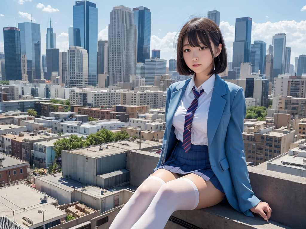 Super Giant Girl Art, Surreal school girl, Very detailed超巨人ショット, Extremely huge woman, short hair, White Pantyhose, sit, Super huge schoolgirl, Much taller than a skyscraper, Very detailed depiction, Light blue blazer, Grey tie, Blue mini skirt, White Pantyhose, very small metropolis, Miniature metropolis, The building is as small as a grain of rice, 足元までの高さもない超Miniature metropolisで, Miniature metropolisを下にして, sit超巨大女子高生, Full body description, Hmph, Giga Giants, Terra Giants, White Pantyhose, Pantyhose legs, Pantyhose Legs, ,Stomping City,Crush City,Small Town,Micro City, Alter ego art, Very detailed, Ability to clone, 10 people, 100 people, increase, Lots of giant high school girls, On all fours, Crouching