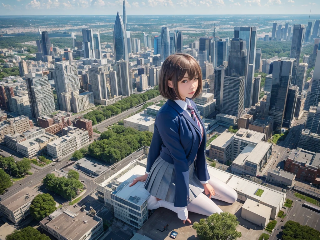 Super Giant Girl Art, Surreal school girl, Very detailed超巨人ショット, Extremely huge woman, short hair, White Pantyhose, sit, Super huge schoolgirl, Much taller than a skyscraper, Very detailed depiction, Light blue blazer, Grey tie, Blue mini skirt, White Pantyhose, very small metropolis, Miniature metropolis, The building is as small as a grain of rice, 足元までの高さもない超Miniature metropolisで, Miniature metropolisを下にして, sit超巨大女子高生, Full body description, Hmph, Giga Giants, Terra Giants, White Pantyhose, Pantyhose legs, Pantyhose Legs, ,Stomping City,Crush City,Small Town,Micro City, Alter ego art, Very detailed, Ability to clone, 10 people, 100 people, increase, Lots of giant high school girls, On all fours, Crouching